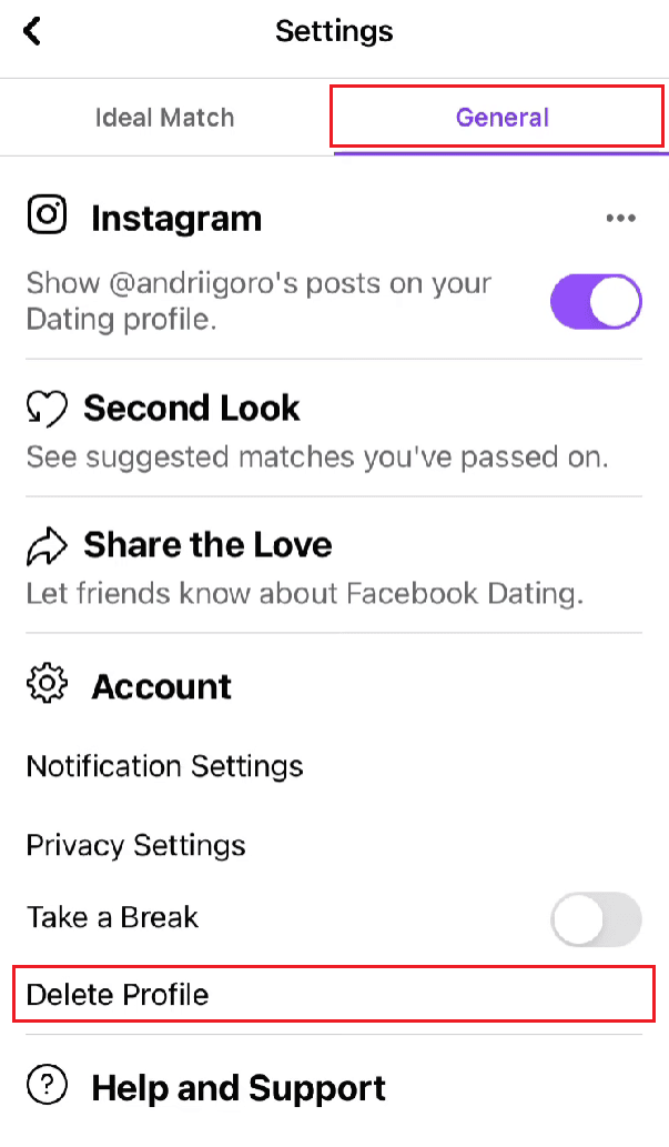 Tap on the General tab - Delete Profile option | delete a photo on my Facebook Dating profile