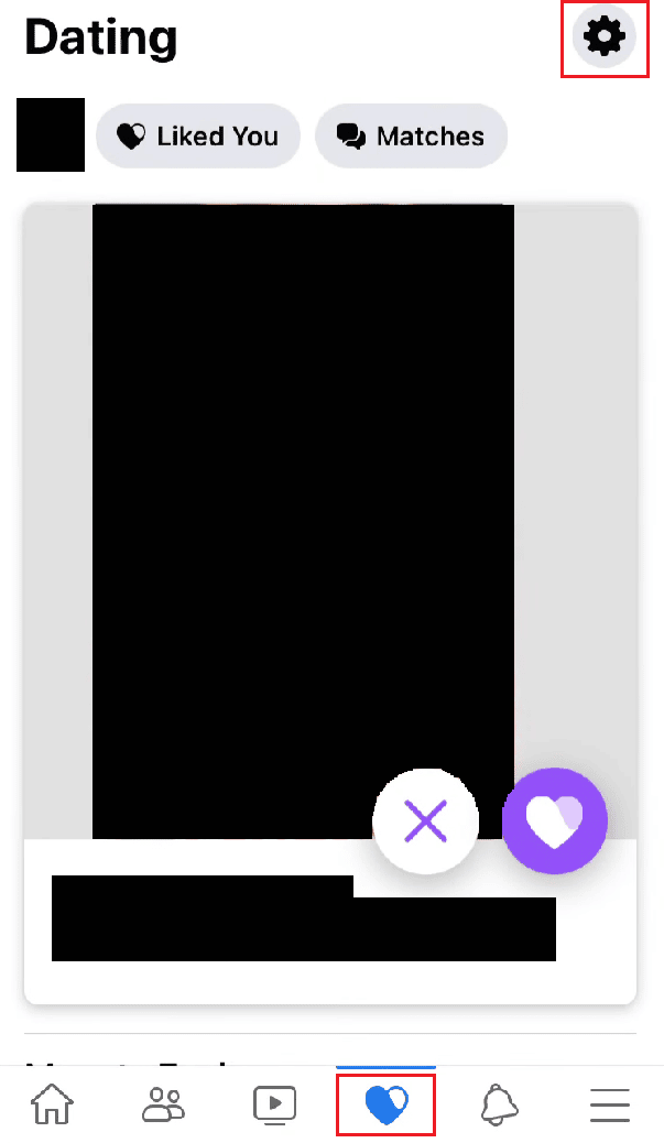 Dating tab - Settings gear icon