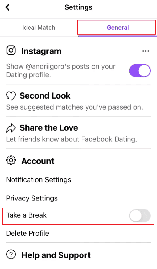 Turn off the toggle for the Take a Break option to turn it off | delete a photo on my Facebook Dating profile