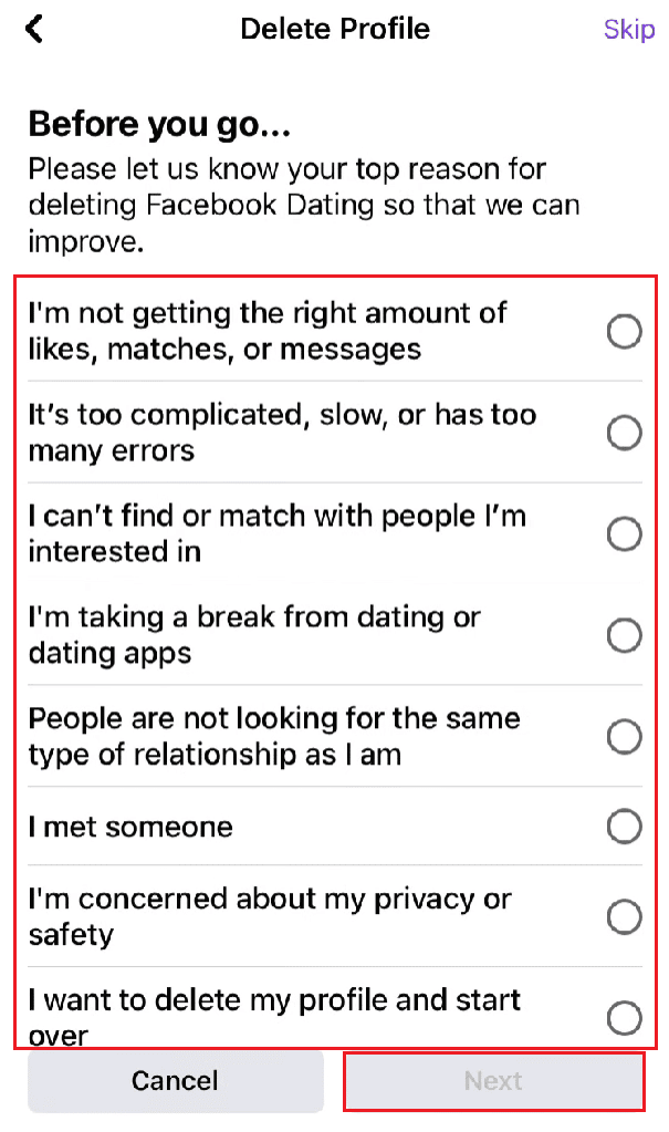Select the desired reason for the deletion of your account and tap on Next | 