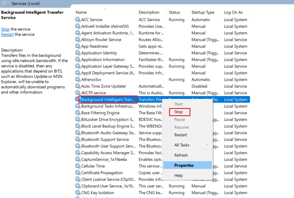 stop Background Intelligent Transfer service