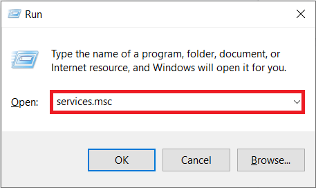 Type services.msc in the run command box then press enter