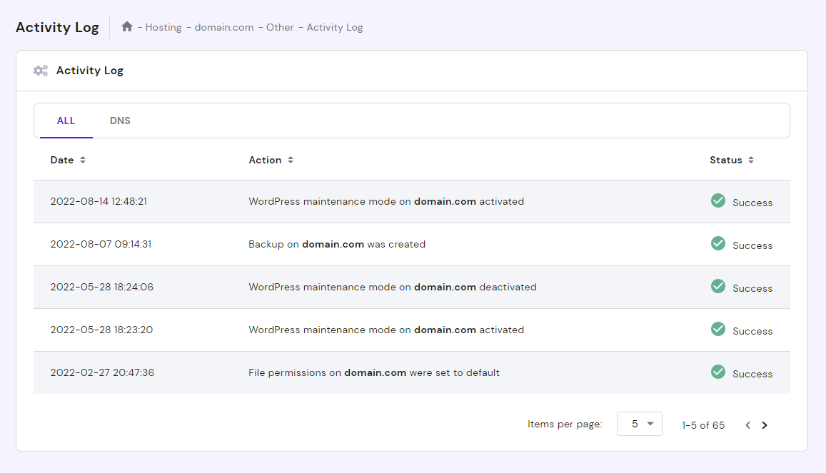 The Hostinger's activity log is accessible via hPanel.