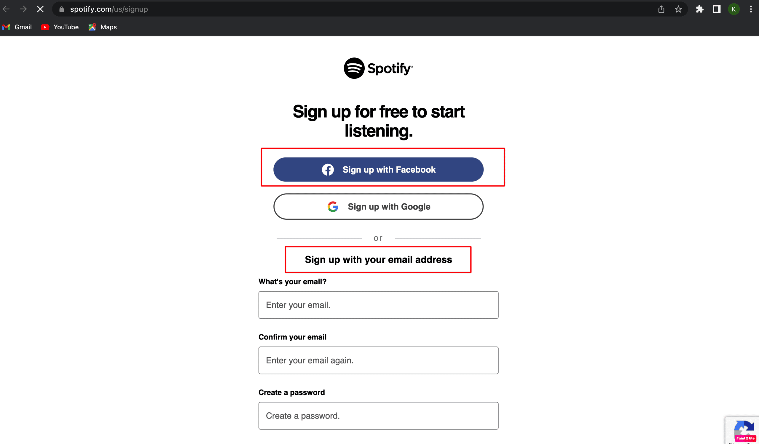 sign up options facebook or email