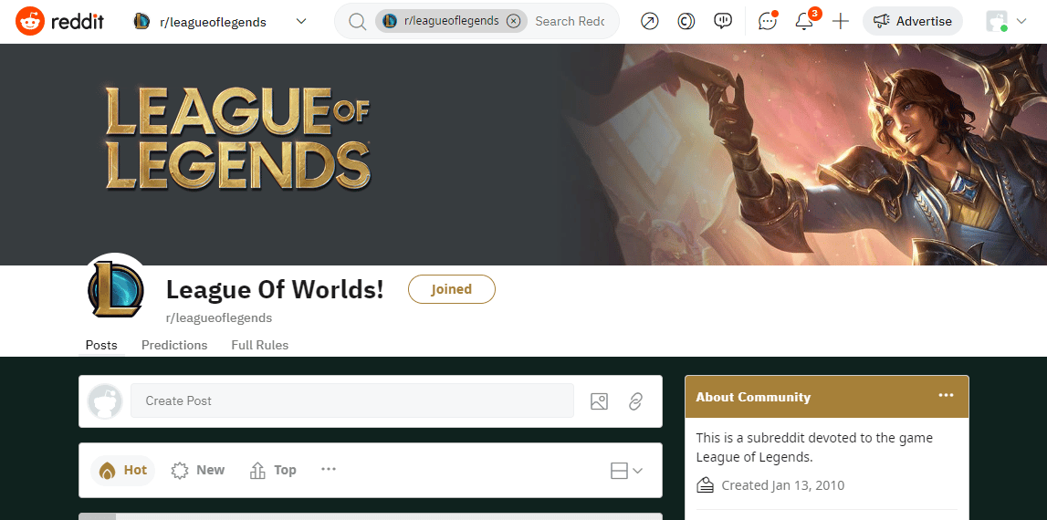 Reddit page of League of Legends
