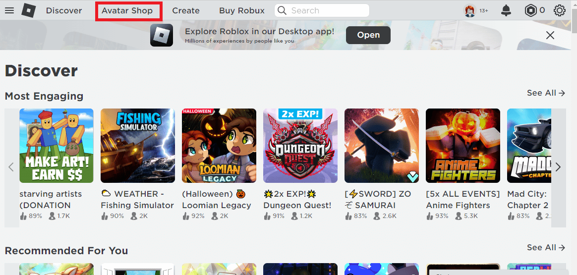 Click on Avatar Shop