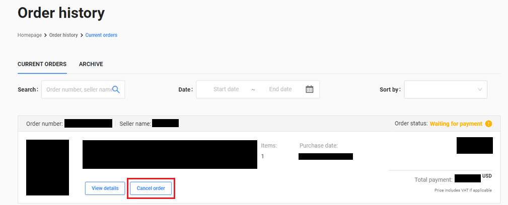 Click on the Cancel order option present under the desired order