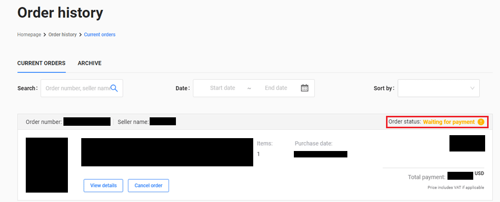 Locate the desired order on your list and then look at the Order status section in the top right corner