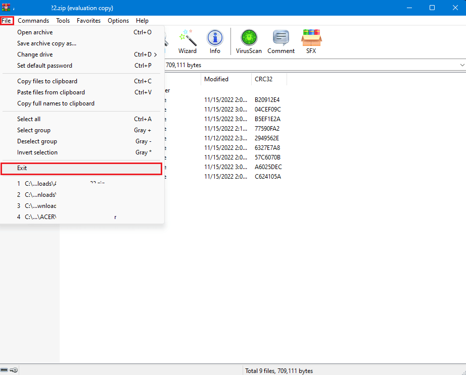 click on file and select exit option in win rar