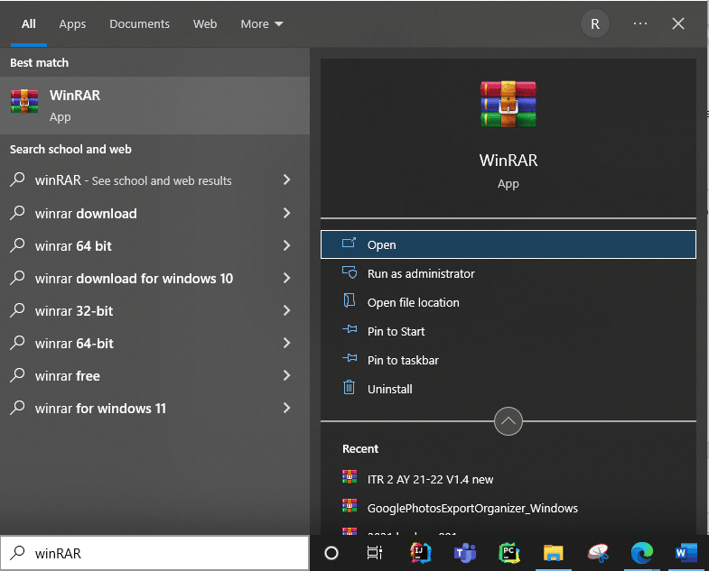 search WinRaR in windows search box 