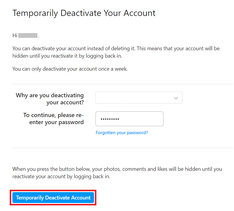 Temporarily Deactivate Instagram Account