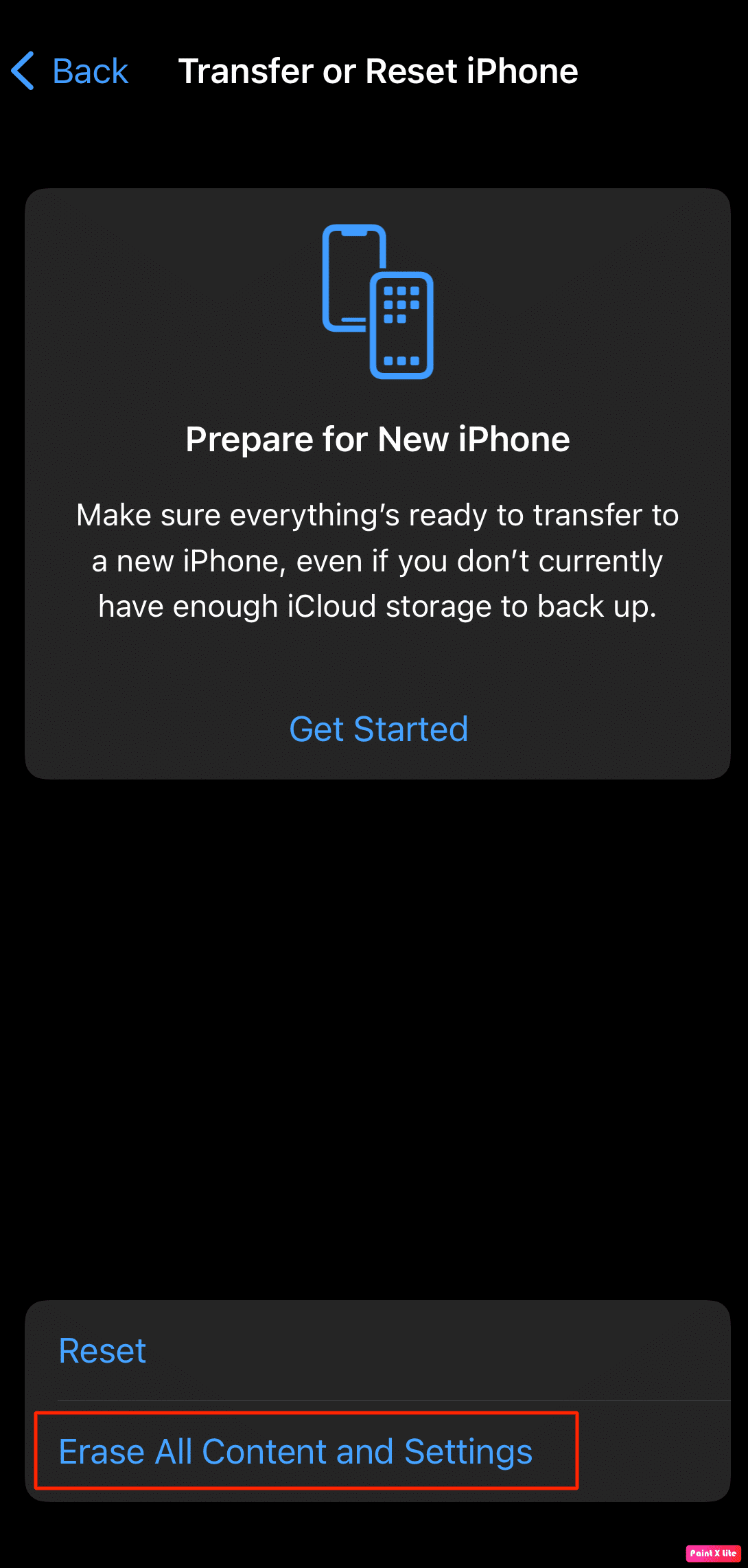 tap on erase all content and settings