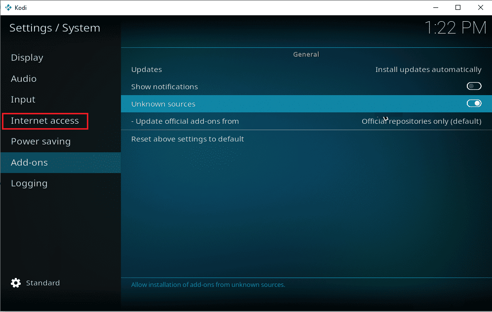 select Internet Access in Kodi System settings