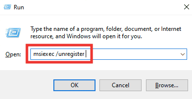 type msiexec unregister and press the enter key