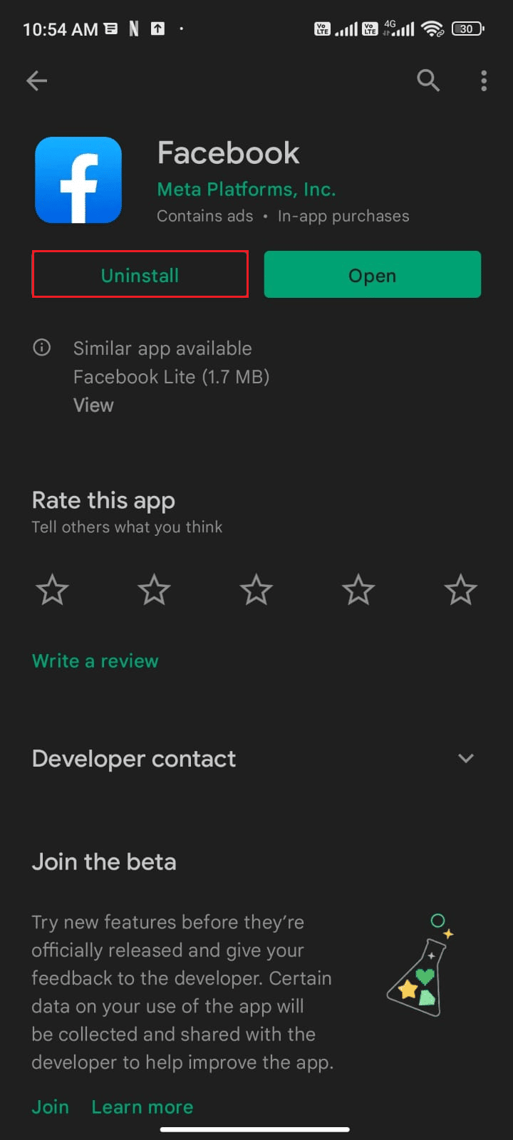 tap Uninstall 