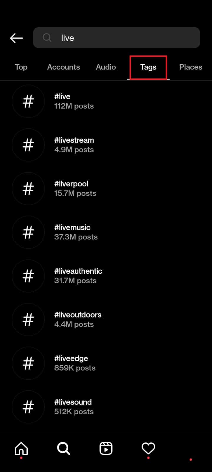 Click on Tags | How to Find Random Lives on Instagram 