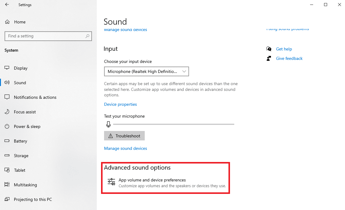 Navigate to the Advanced sound options and click on the App volume and device preferences