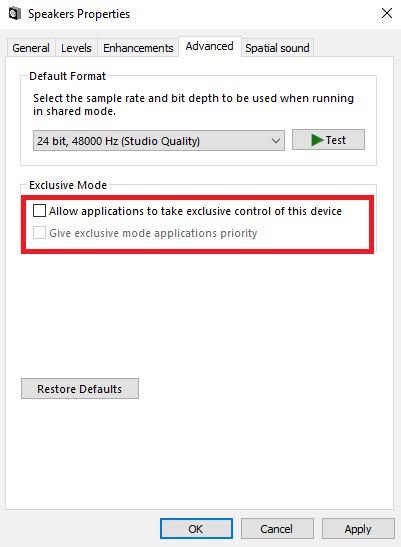 Allow applications to take exclusive control of this device and Give exclusive mode applications priority