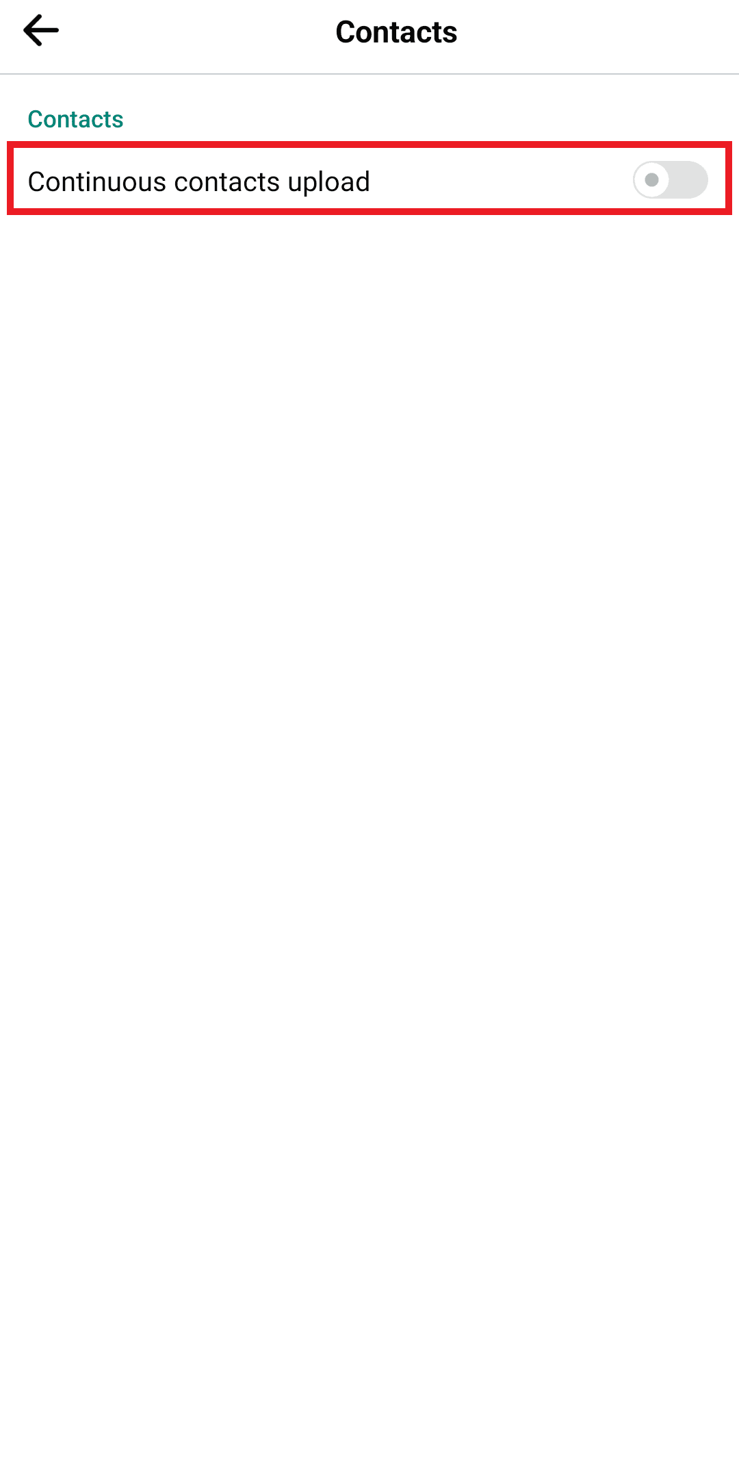 Turn on Continuous contacts upload 