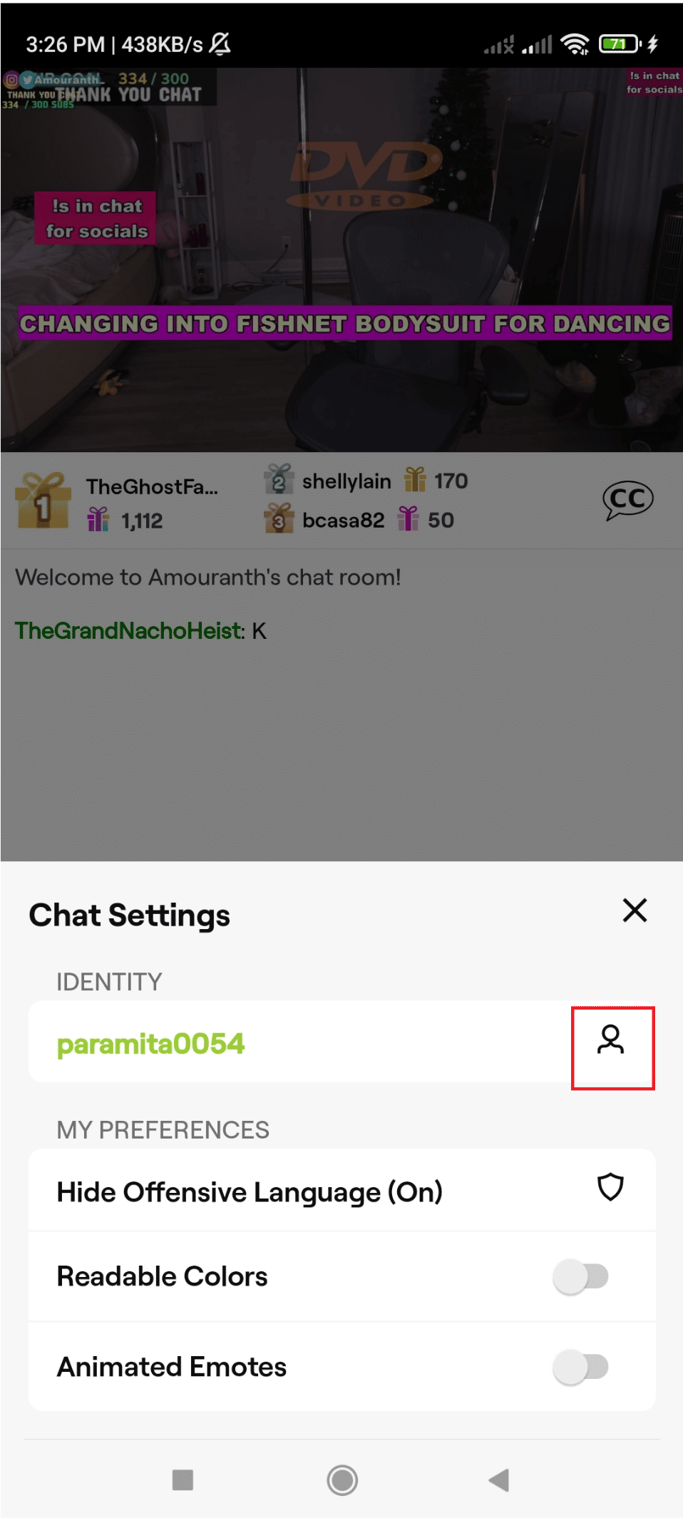 Chat setting and tap on IDENTITY icon. How to Change Twitch Chat Color on Mobile