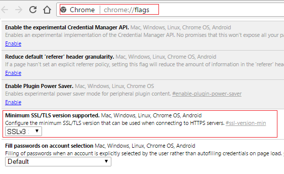 Set SSLv3 in Minimum SSL/TLS version supported