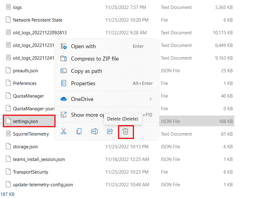 Right click on the settings.json file and click on the Delete icon