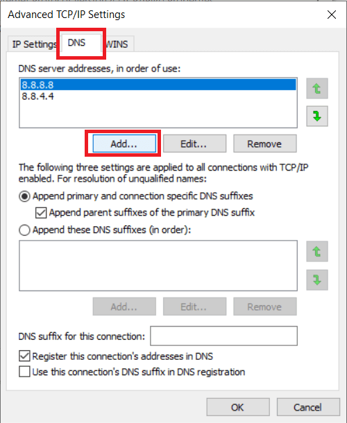 Next, switch to the DNS tab and click on Add...