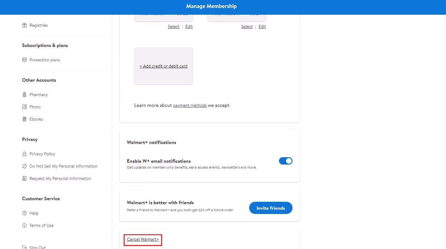 Click on the Cancel Walmart+ option