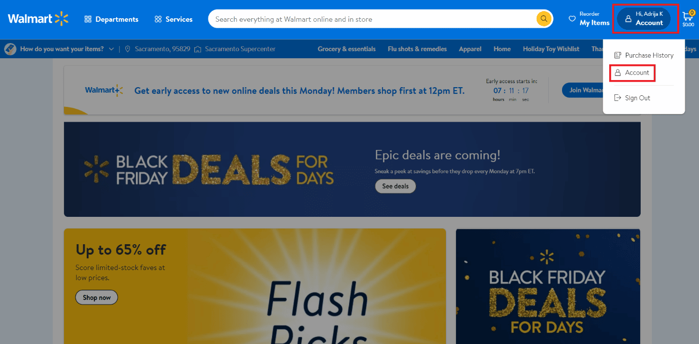 Click on Hi, [your name] Account on the top right and select Account | How to Cancel Walmart Plus Subscription