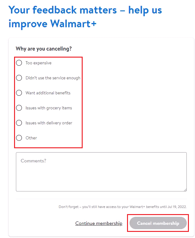 select the desired reason to cancel your membership and click on Cancel membership