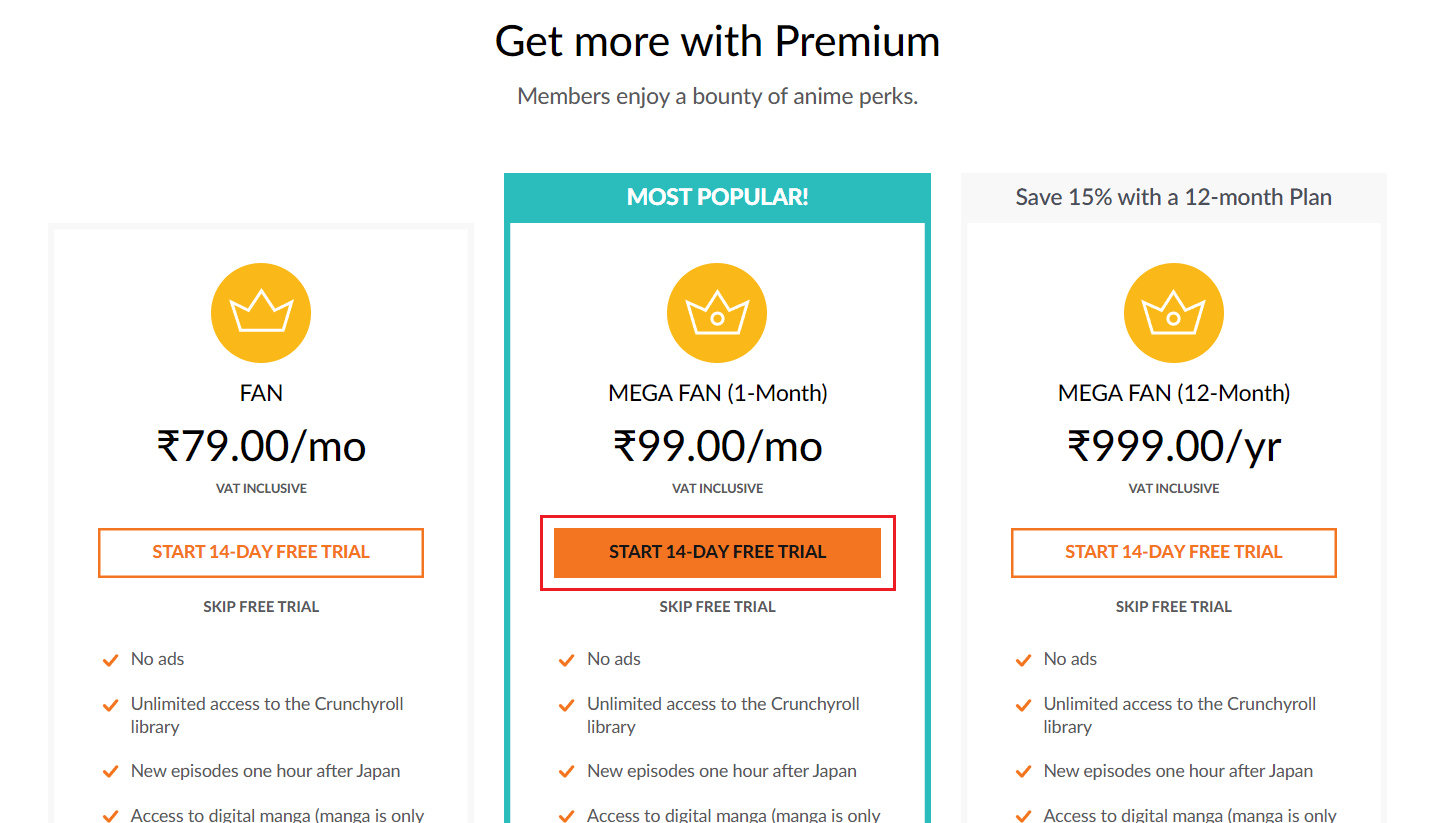click on START 14-DAY FREE TRIAL for the desired plan | Crunchyroll multiple user profiles | watch Crunchyroll on multiple devices