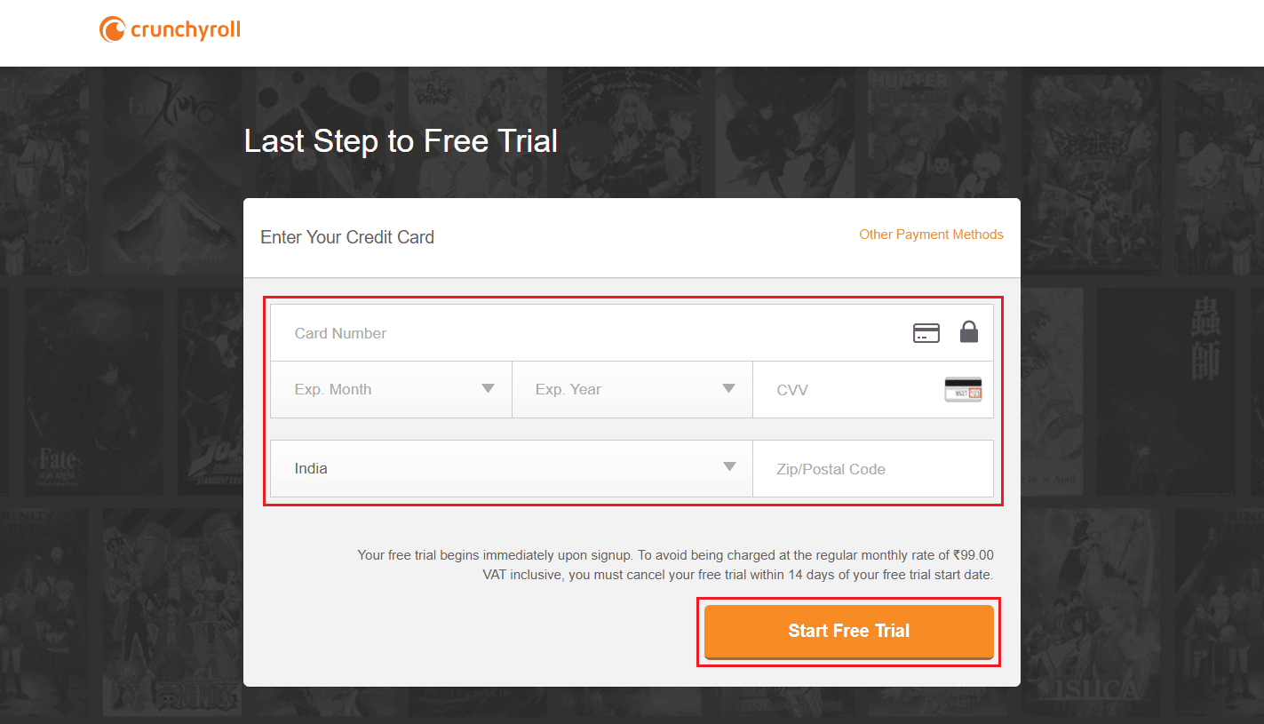 credit card details and ZIP postal code - Start Free Trial | What is Crunchyroll Account Sharing? | watch Crunchyroll on multiple devices