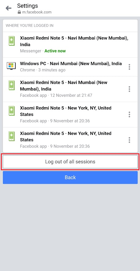 Tap on Log out of all sessions | How to Remove an Account from Messenger App