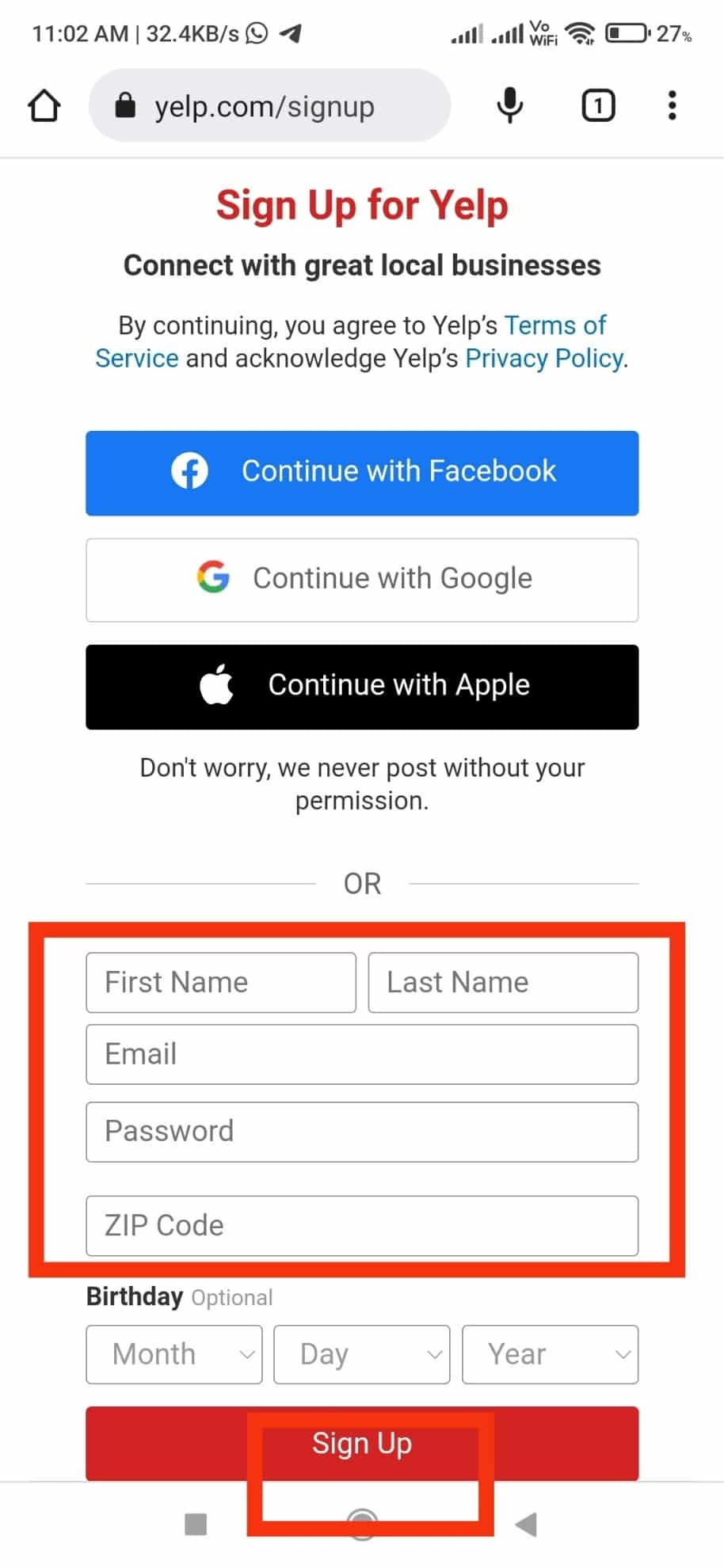 Enter your name, email address, password, and zip code and then click Sign Up. | How to Create Account on Yelp