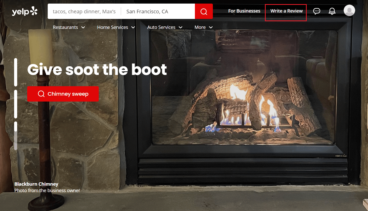 From your Yelp account dashboard, click on Write a Review from the top right corner | How to Create Account on Yelp