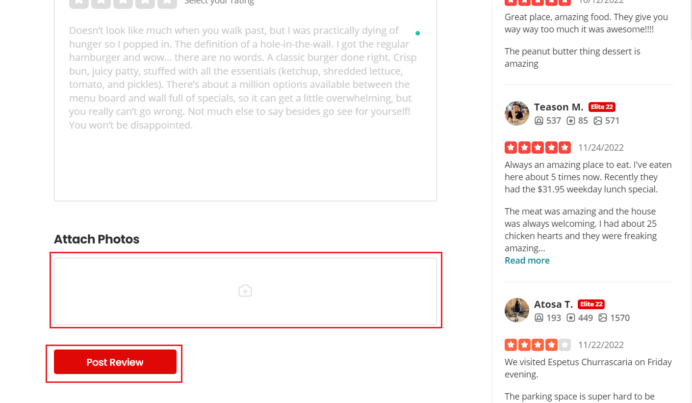 Click on the Attach Photos box to browse and add photos - Post Review | How to Create Account on Yelp