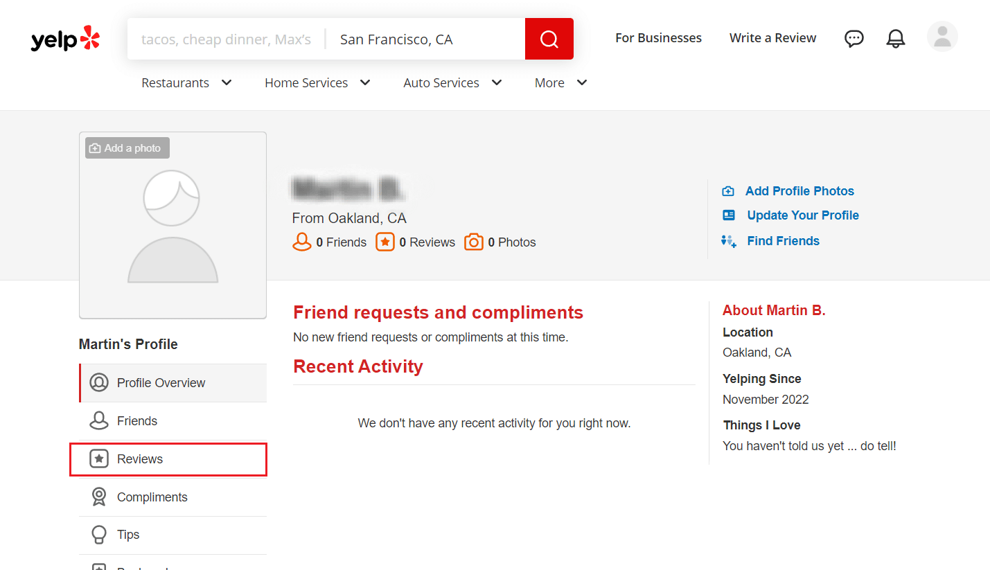 Click on the Reviews option from the left pane to see all the reviews you have posted on your Yelp account | How to Create Account on Yelp