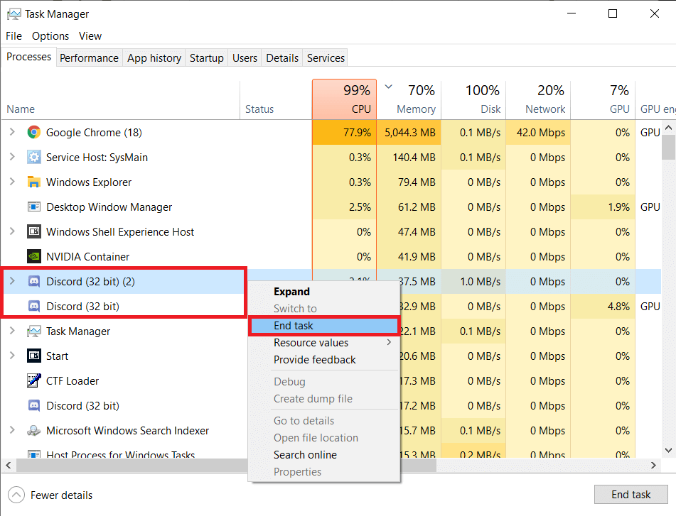 Right click on Discord process and select End Task