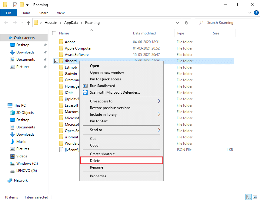 Right click on discord folder and select delete. 7 Best Fixes to Discord 1006 Error on Windows 10