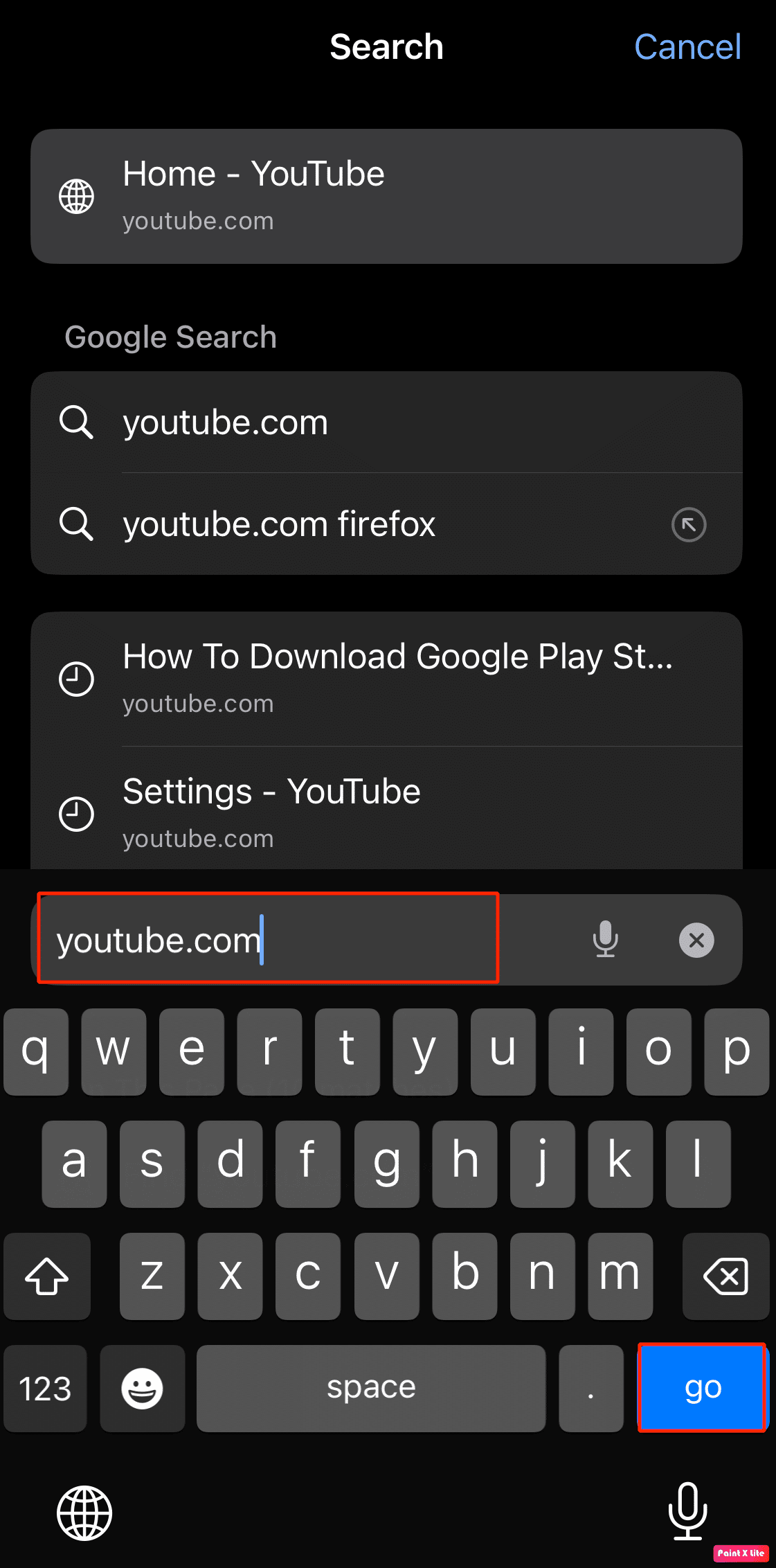 type youtube.com and tap go