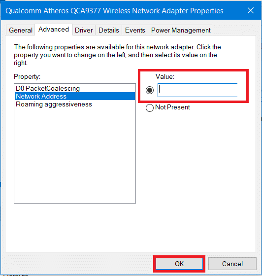 Click the radio button associated with Value and then manually enter the new MAC address