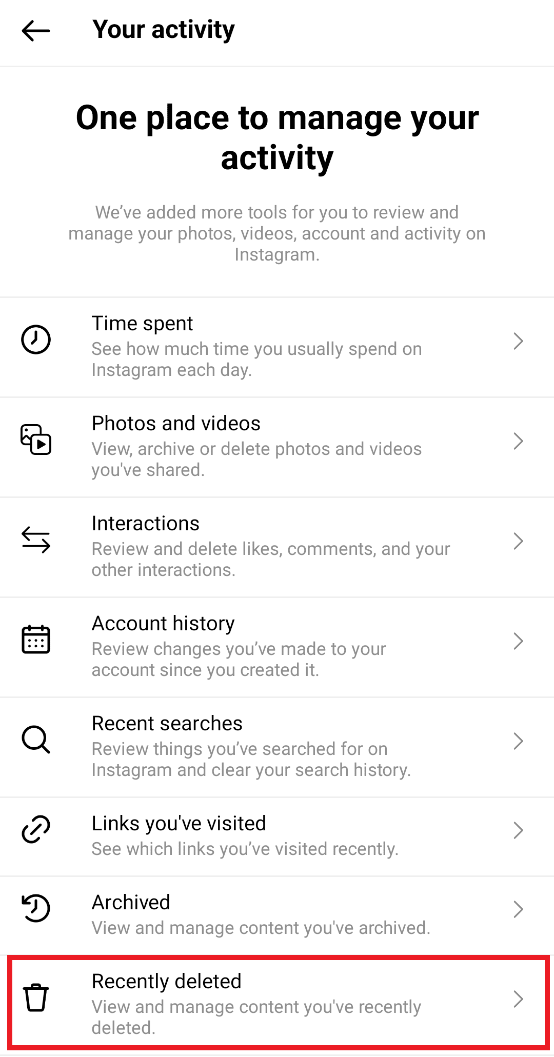 tap on recently deleted on instagram 