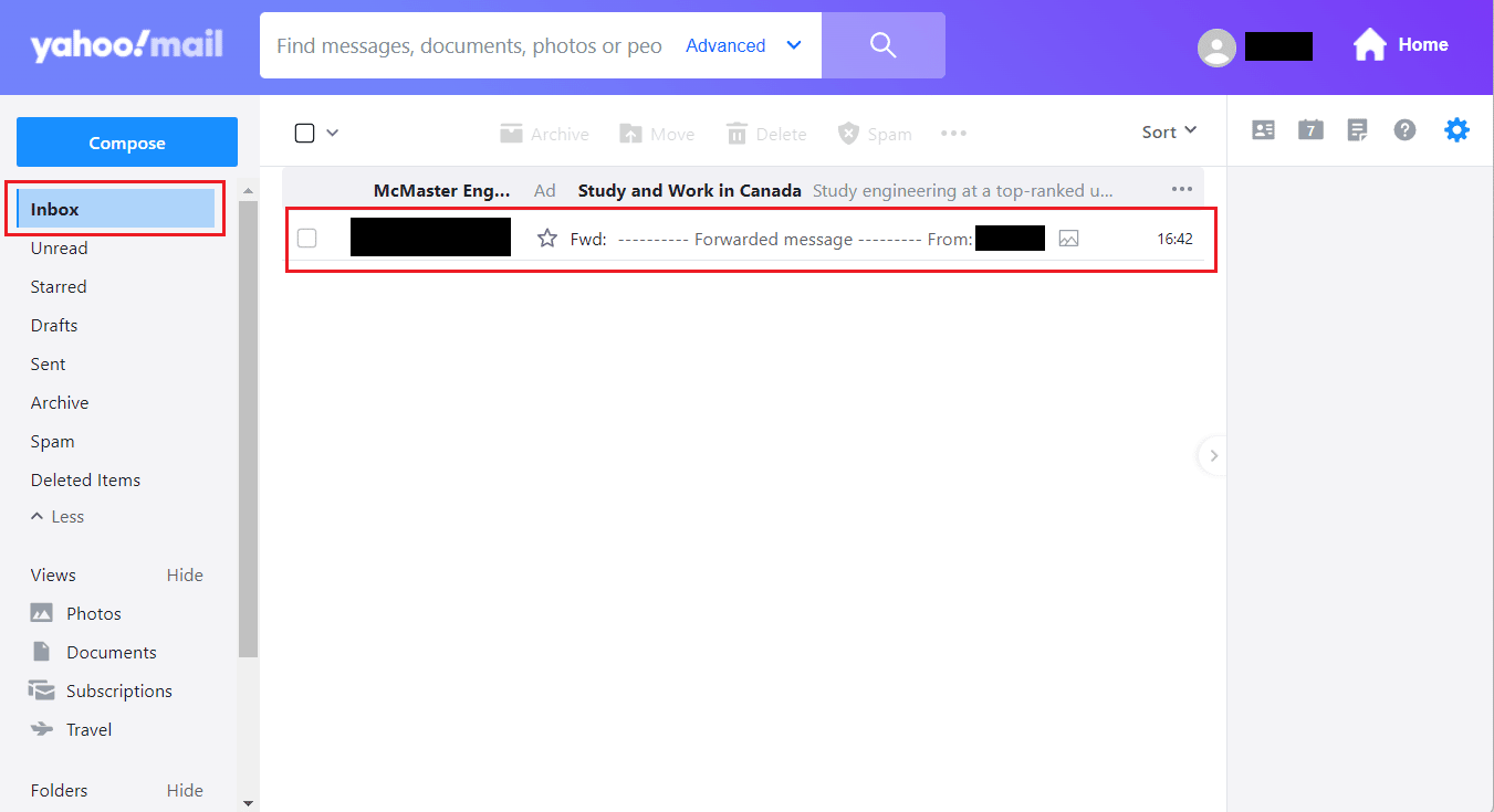 From the Inbox, click on the desired received mail | retrieve pictures from Yahoo