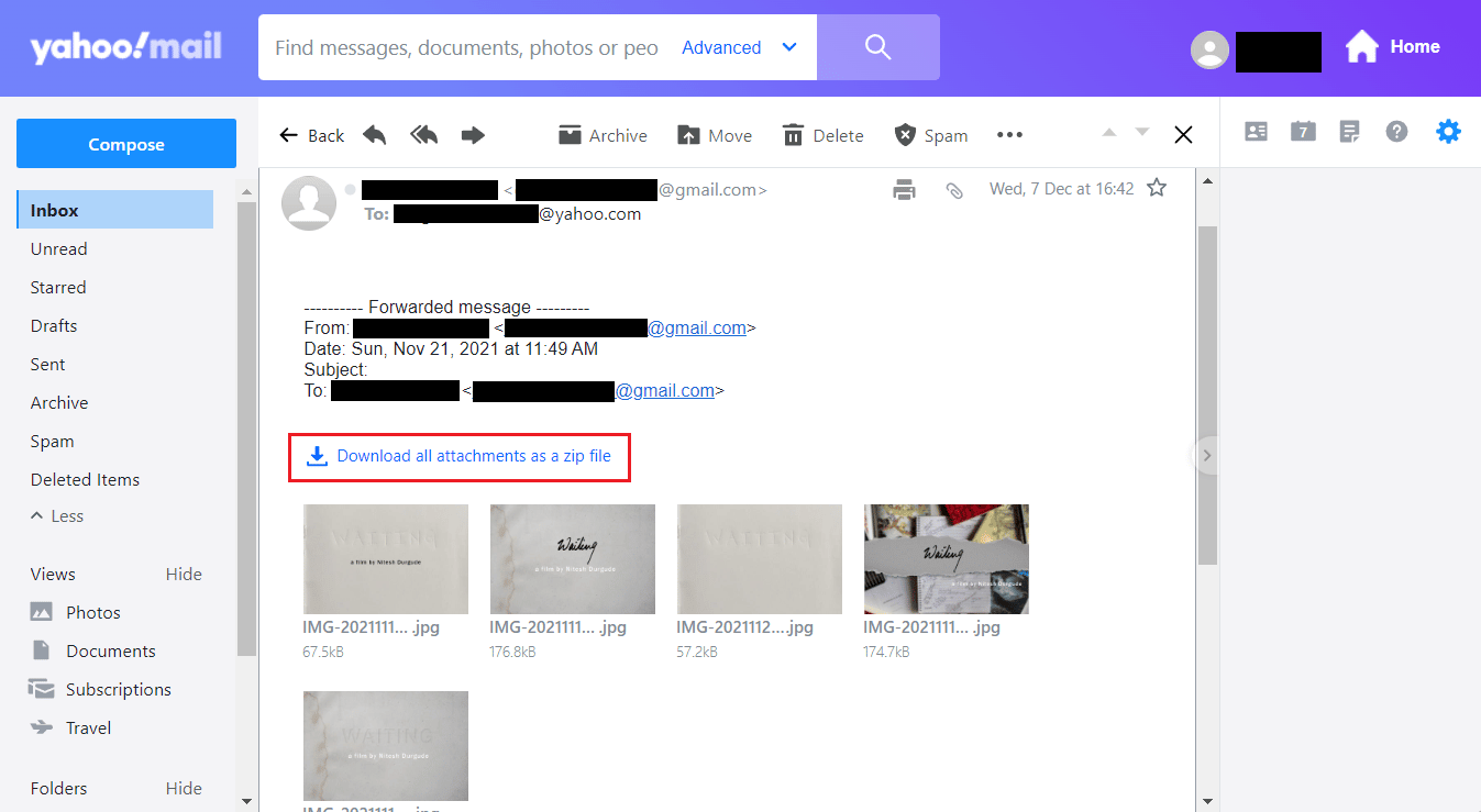 click on Download all attachments as a zip file | How to Open Yahoo Mail Photos
