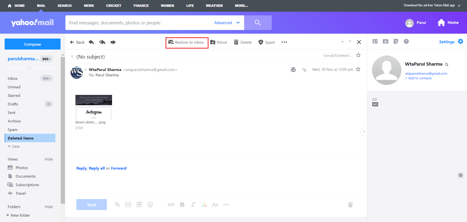 click on restore to inbox on yahoo mail | How to Open Yahoo Mail Photos