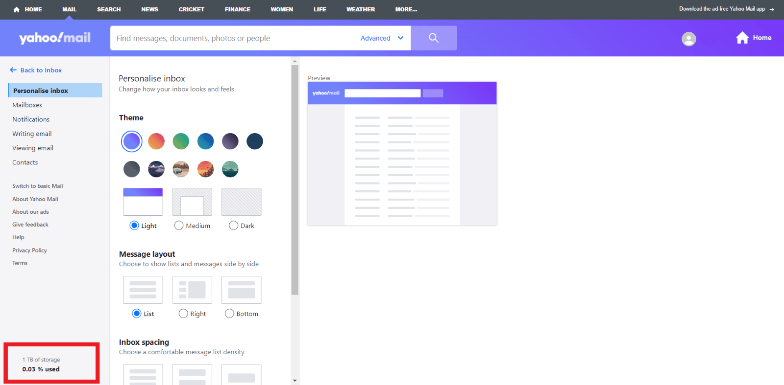 check your total storage space and the used percentage | How to Open Yahoo Mail Photos | retrieve pictures from Yahoo