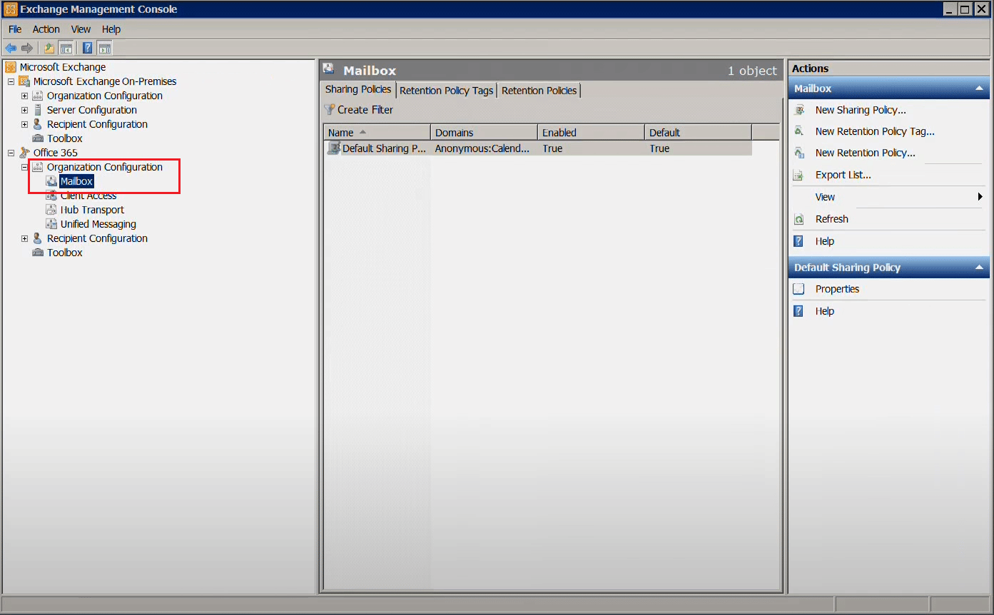 expand organization configuration node and go to Mailbox node