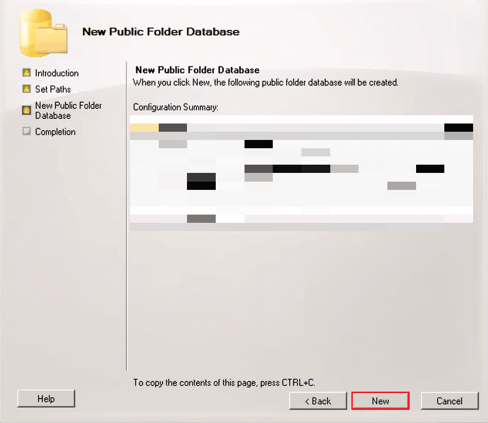 click on New in new public folder database window