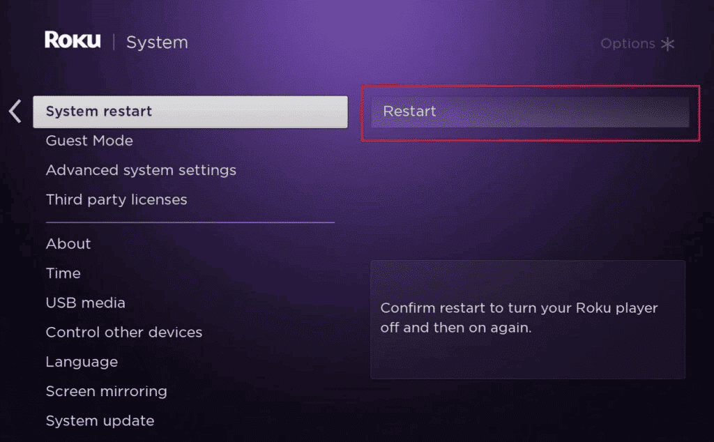 Select Restart. Fix Apps Not Working on Roku TV