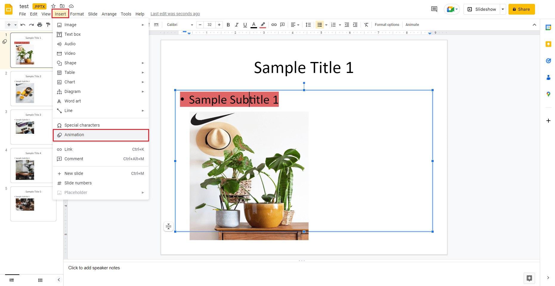 click on Insert and select Animation